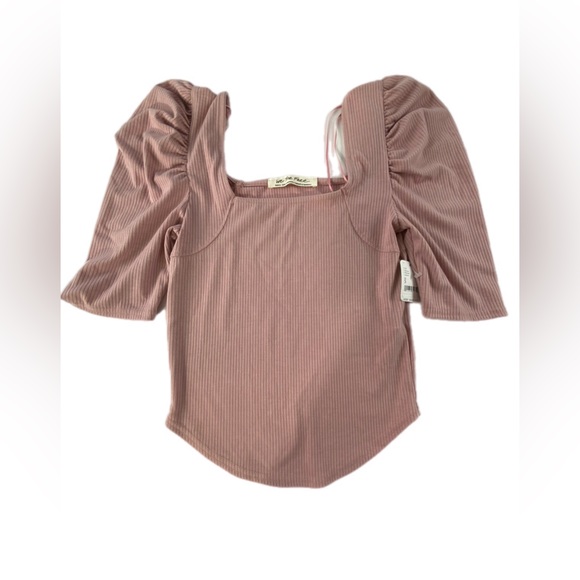 FREE PEOPLE NIGHT LILY SQUARE NECK PUFF SLEEVE RIBBED PALE MAUVE SIZE S NWT - Picture 4 of 12
